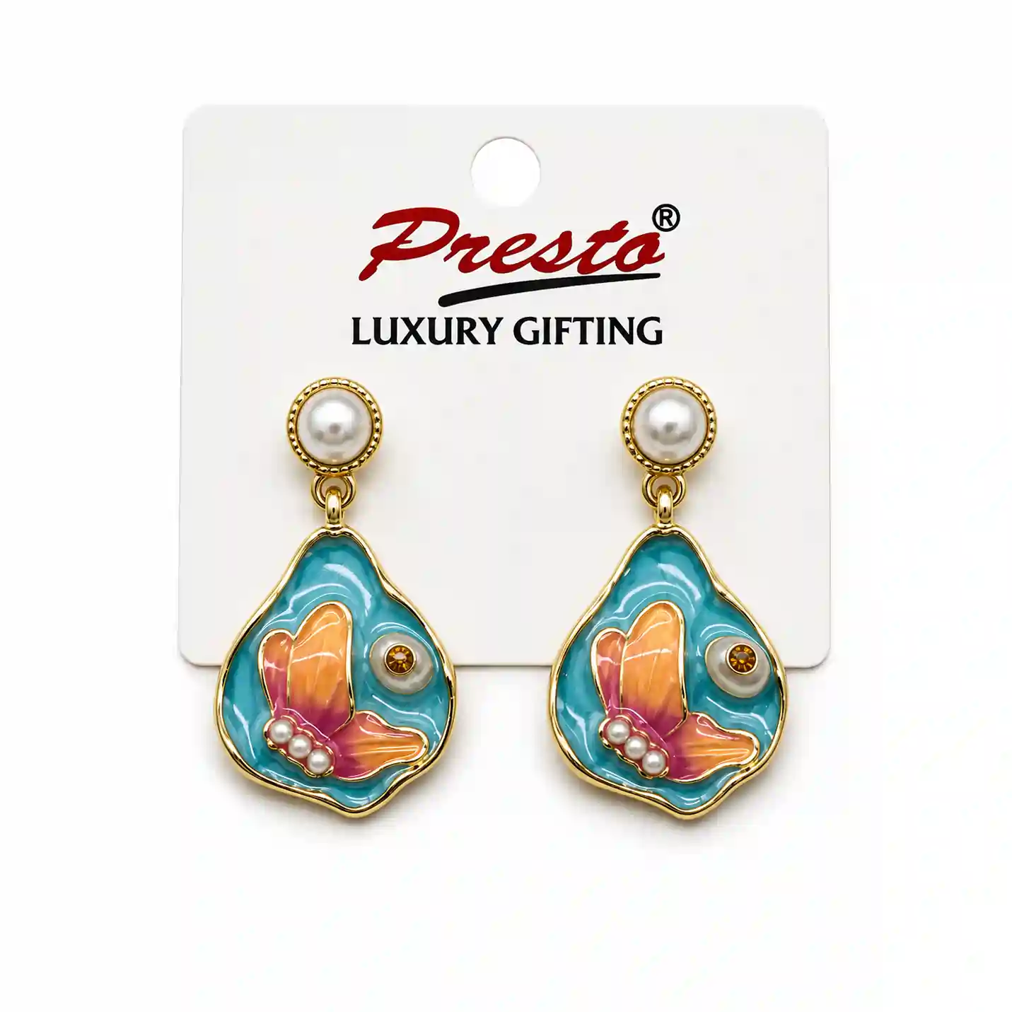 Butterfly Enamel Pearl Gold-Tone Drop Earrings